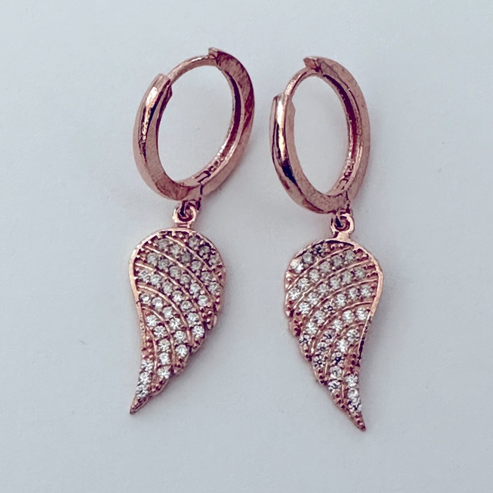 925 Silver angel wing clear cz stones dangle hoop earrings 14k rose gold plated